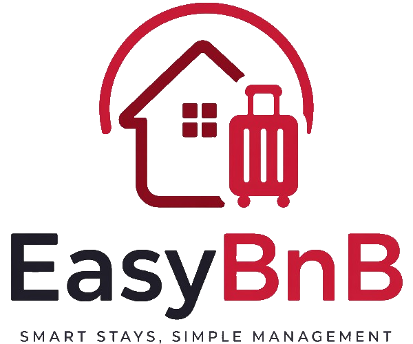 EasyBnB — лого с къща и куфар; смарт настаняване, лесен мениджмънт